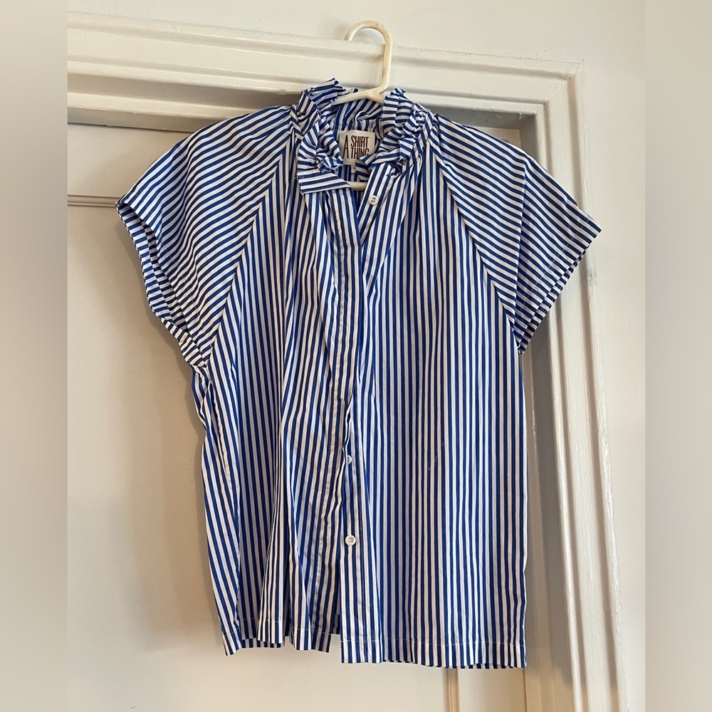 Striped Blue and White Ruffle Neck blouse
